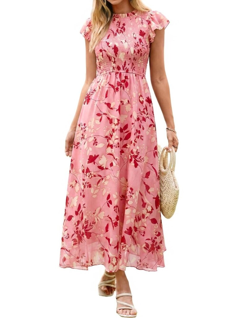 Women's Pink Floral Ruffle Sleeve Chiffon Flowy Smocked Waist Maxi Dress